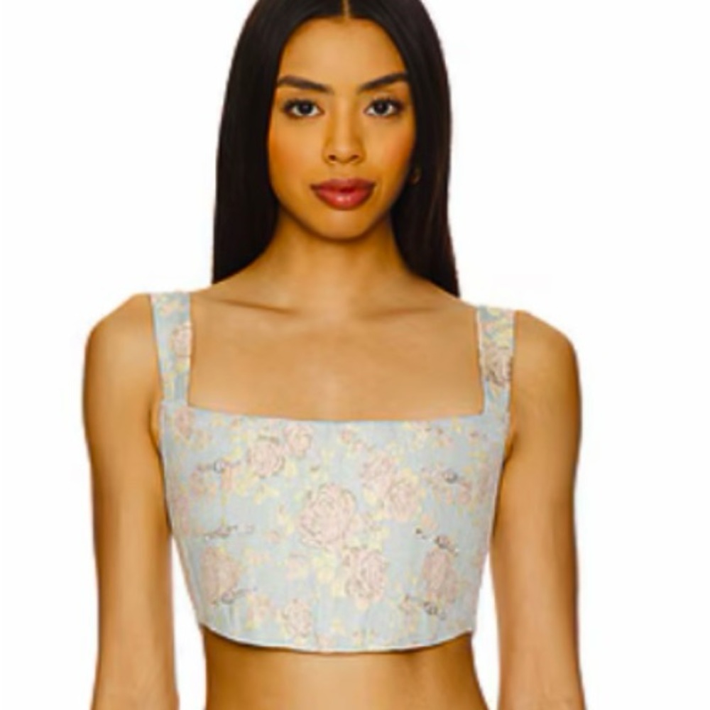 Sau Lee NWT Blue Floral Brocade Crystal Embellished Crop Corset Top Size 2 - Picture 8 of 10